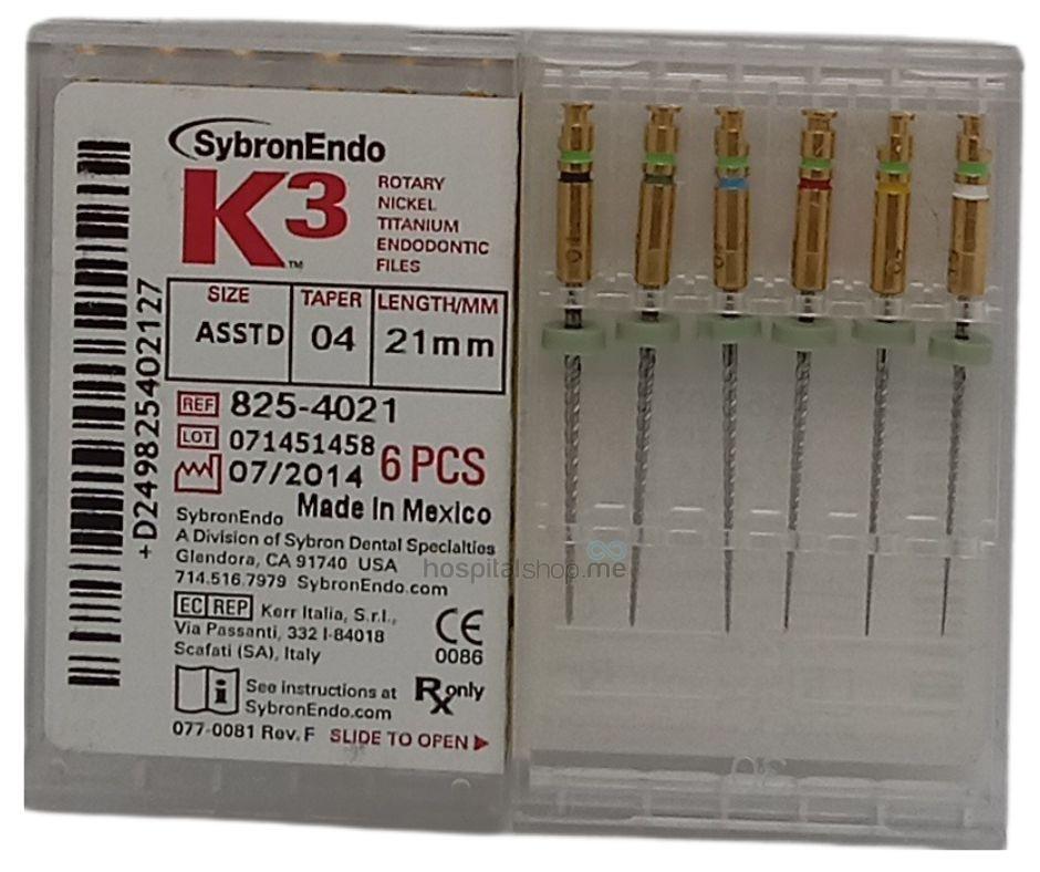 Sybron Endo K3 4% Taper NITI Rotary Endodontic File 21mm Assorted 6pcs 825-4021