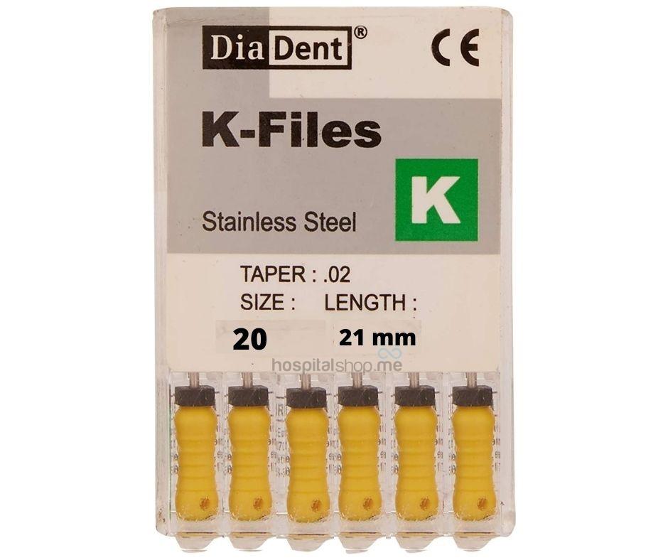 Diadent K-File 2%Taper SS 21mm 20 Yellow 6 Pcs
